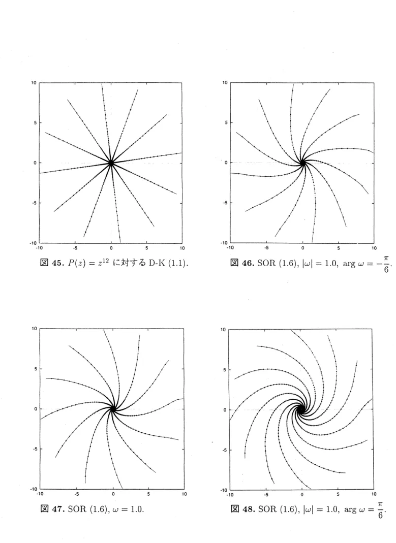 図 45. $P(z)=z^{1\underline{9}}$ に対する D-K (1.1). 図 46. SOR (1.6), $|\omega|=1.0,$ $\arg\omega=-\frac{\pi}{6}$ .